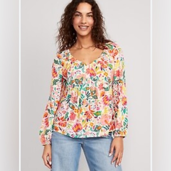 Womens Old Navy Floral V-Neck Crinkle Boho Long Sleeve Top‎ Shirt - Picture 1 of 10